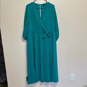 Torrid Blue Midi Sundress with V-Neck and 3/4 Bishop Sleeves